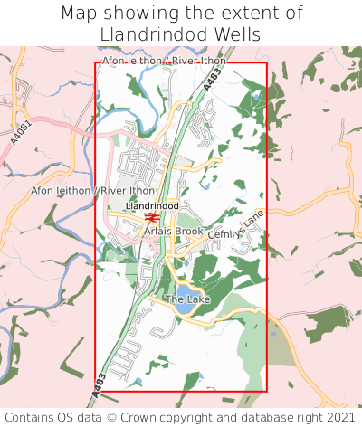 Map showing extent of Llandrindod Wells as bounding box