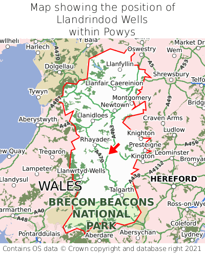 Map showing location of Llandrindod Wells within Powys