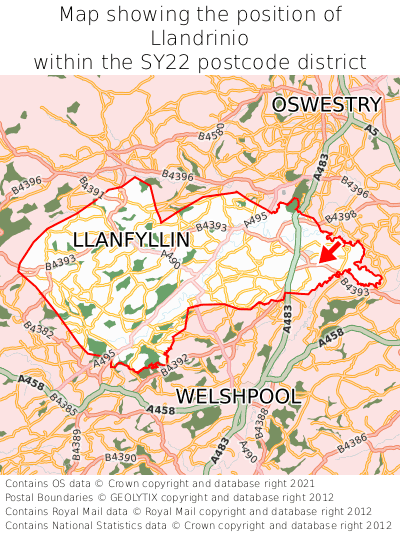 Map showing location of Llandrinio within SY22
