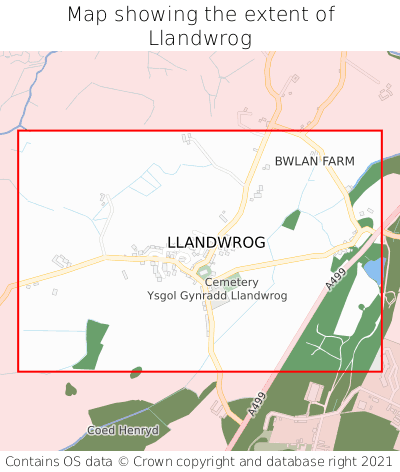 Map showing extent of Llandwrog as bounding box