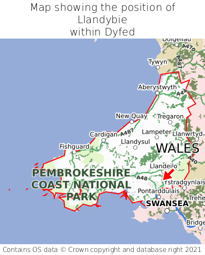 Map showing location of Llandybie within Dyfed