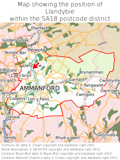 Map showing location of Llandybie within SA18