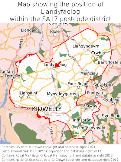 Map showing location of Llandyfaelog within SA17