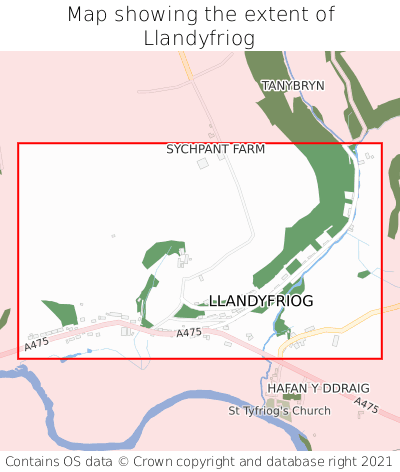 Map showing extent of Llandyfriog as bounding box