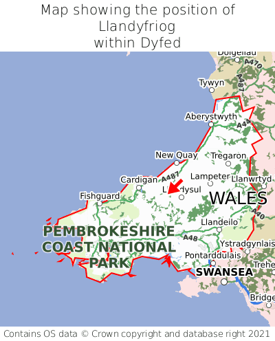 Map showing location of Llandyfriog within Dyfed