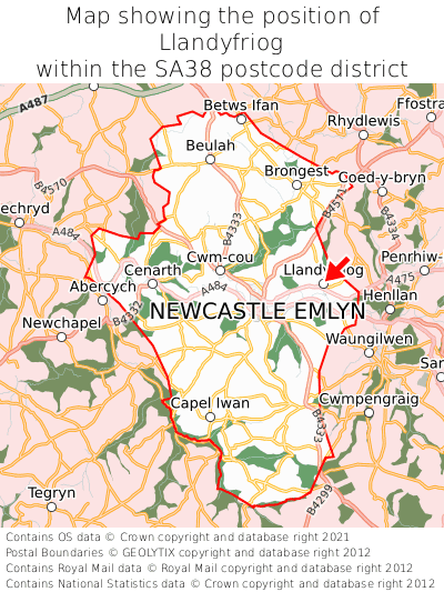 Map showing location of Llandyfriog within SA38