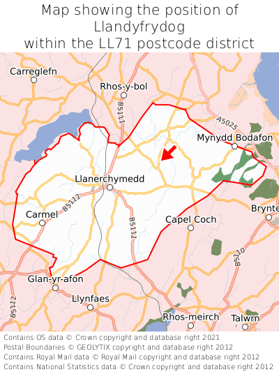 Map showing location of Llandyfrydog within LL71