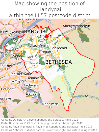 Map showing location of Llandygai within LL57