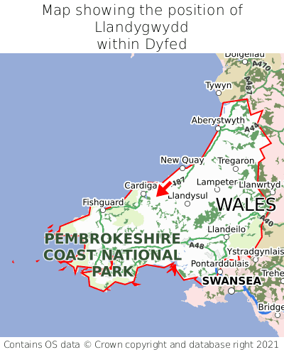 Map showing location of Llandygwydd within Dyfed