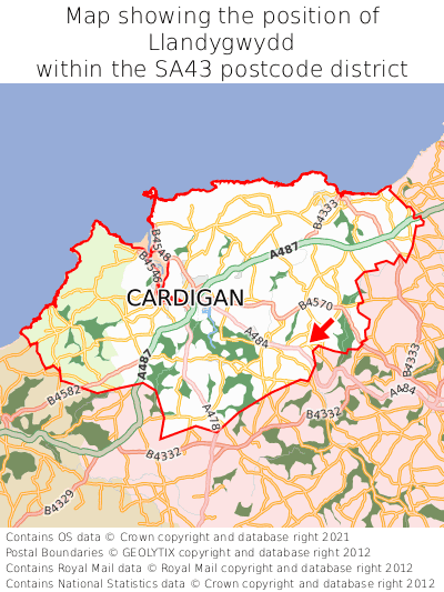 Map showing location of Llandygwydd within SA43