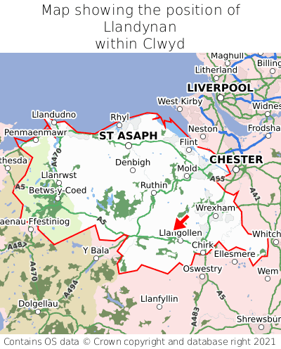 Map showing location of Llandynan within Clwyd