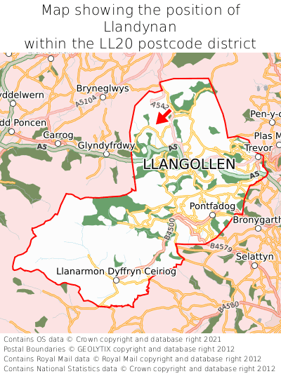 Map showing location of Llandynan within LL20