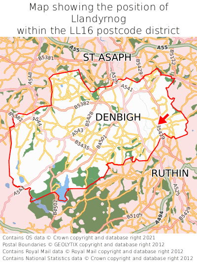 Map showing location of Llandyrnog within LL16
