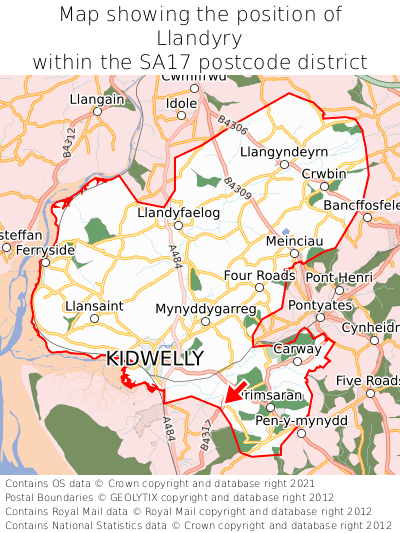 Map showing location of Llandyry within SA17