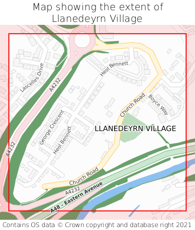 Map showing extent of Llanedeyrn Village as bounding box