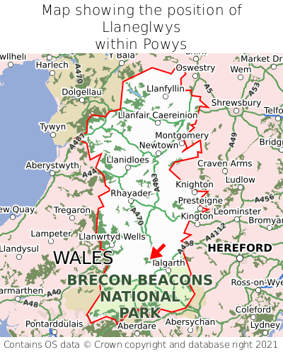 Map showing location of Llaneglwys within Powys