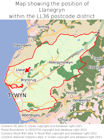 Map showing location of Llanegryn within LL36