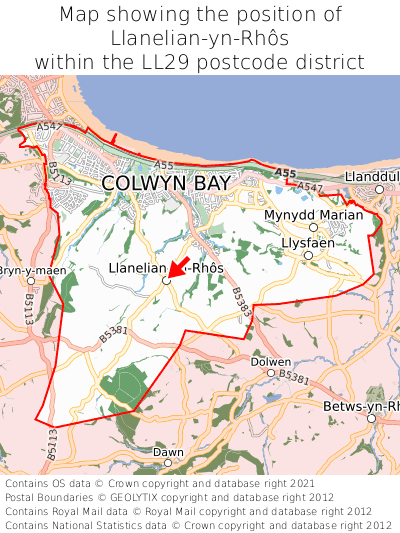 Map showing location of Llanelian-yn-Rhôs within LL29