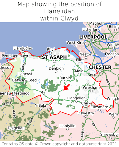 Map showing location of Llanelidan within Clwyd