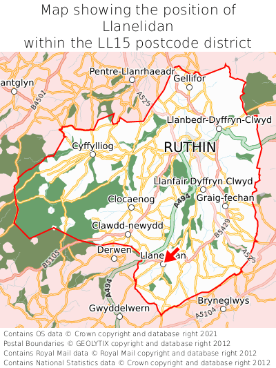 Map showing location of Llanelidan within LL15