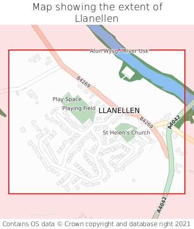 Map showing extent of Llanellen as bounding box