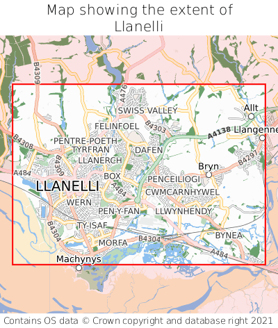 Map showing extent of Llanelli as bounding box