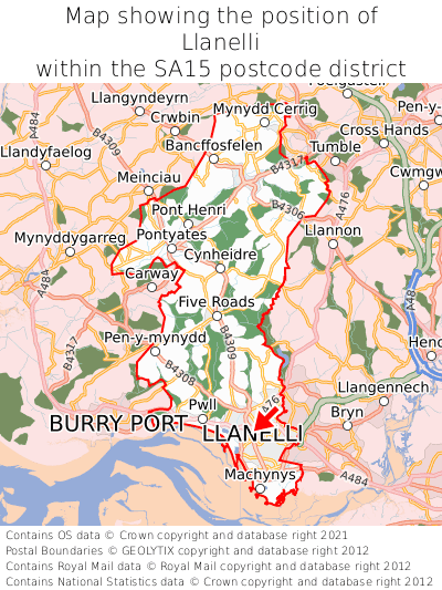 Map showing location of Llanelli within SA15