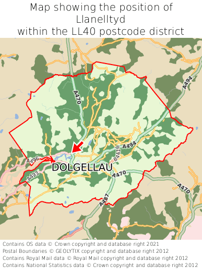 Map showing location of Llanelltyd within LL40