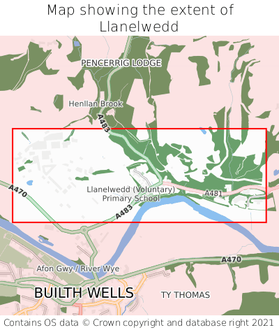 Map showing extent of Llanelwedd as bounding box