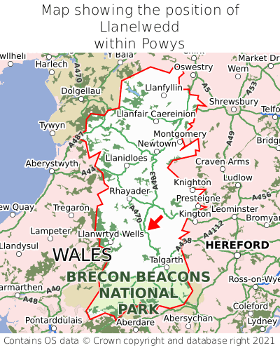 Map showing location of Llanelwedd within Powys