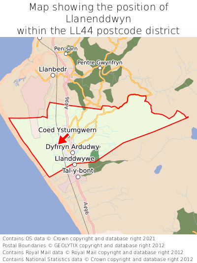 Map showing location of Llanenddwyn within LL44