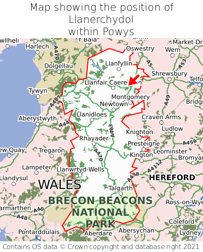 Map showing location of Llanerchydol within Powys