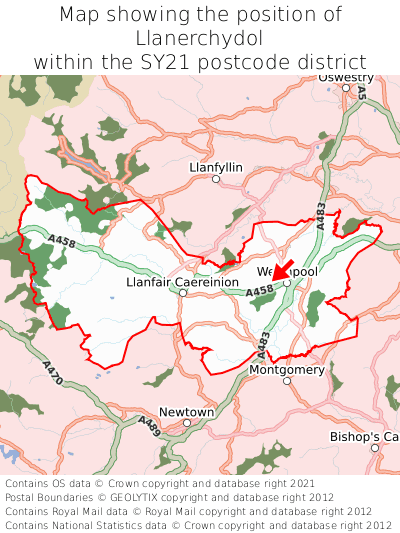 Map showing location of Llanerchydol within SY21