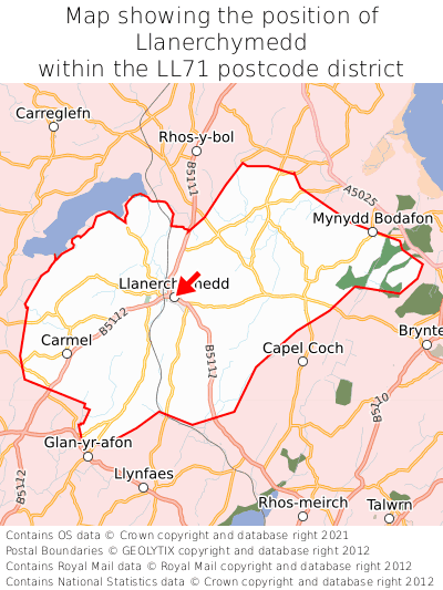 Map showing location of Llanerchymedd within LL71