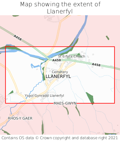 Map showing extent of Llanerfyl as bounding box