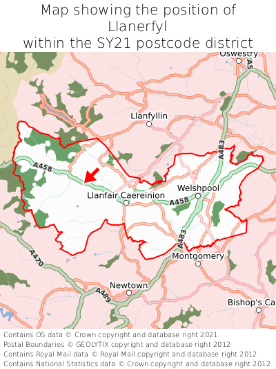 Map showing location of Llanerfyl within SY21