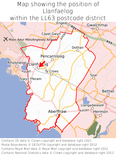 Map showing location of Llanfaelog within LL63