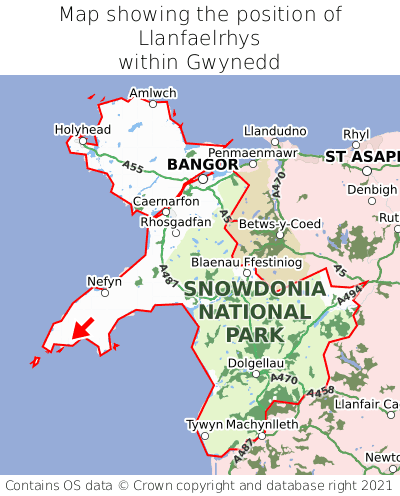 Map showing location of Llanfaelrhys within Gwynedd