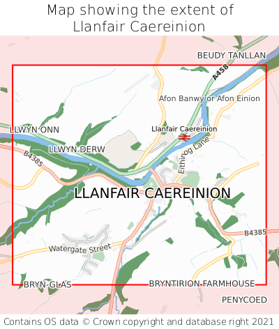 Map showing extent of Llanfair Caereinion as bounding box