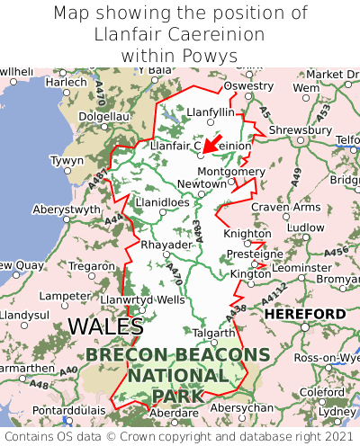 Map showing location of Llanfair Caereinion within Powys