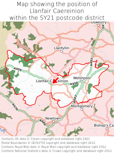 Map showing location of Llanfair Caereinion within SY21