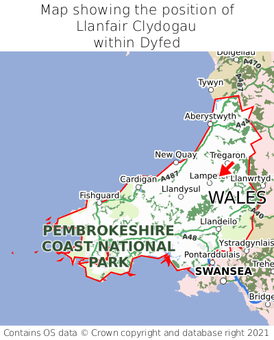 Map showing location of Llanfair Clydogau within Dyfed