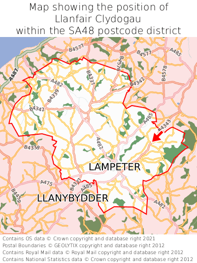 Map showing location of Llanfair Clydogau within SA48