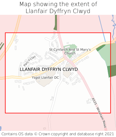 Map showing extent of Llanfair Dyffryn Clwyd as bounding box