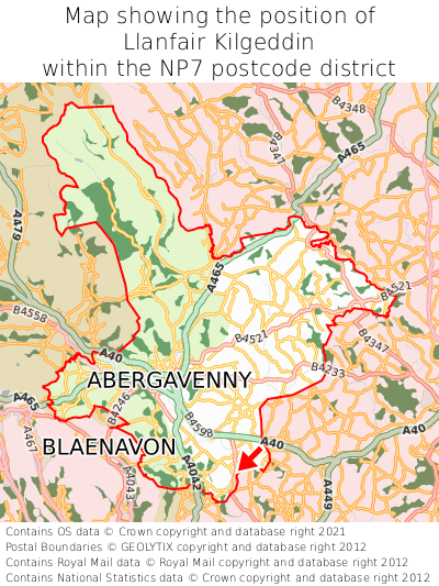 Map showing location of Llanfair Kilgeddin within NP7