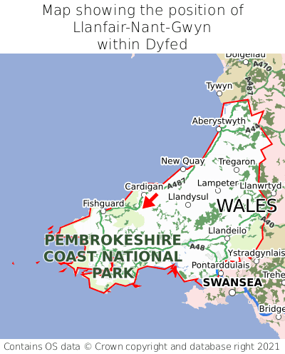Map showing location of Llanfair-Nant-Gwyn within Dyfed