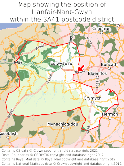 Map showing location of Llanfair-Nant-Gwyn within SA41