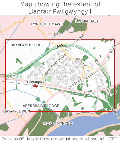 Map showing extent of Llanfair Pwllgwyngyll as bounding box