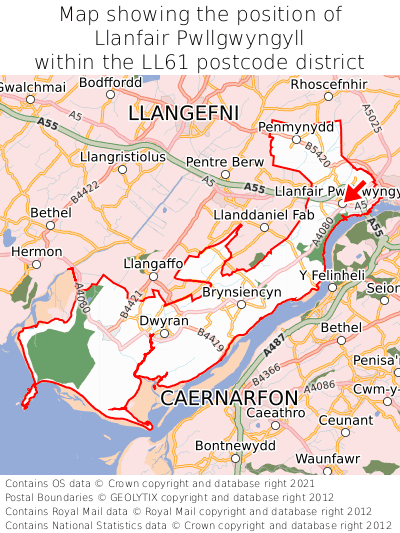 Map showing location of Llanfair Pwllgwyngyll within LL61