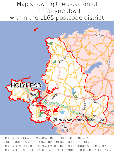 Map showing location of Llanfairyneubwll within LL65